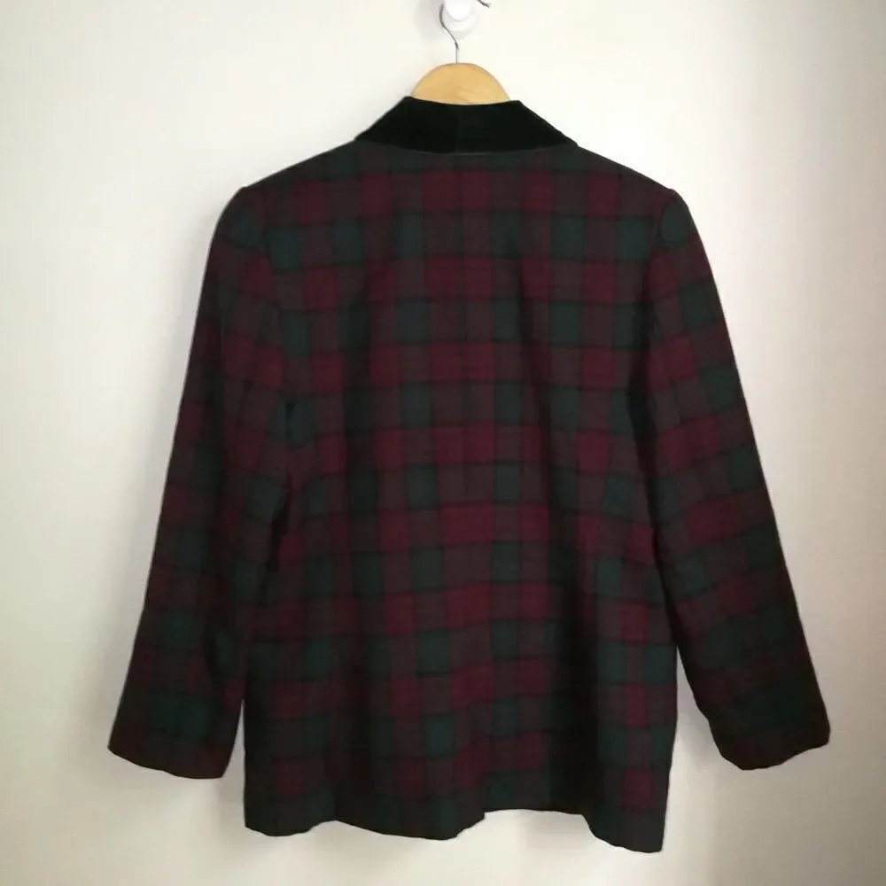 Vintage Holiday Plaid Tartan Red & Green Preppy Simple Breasted Velvet Blazer L - Picture 15 of 15